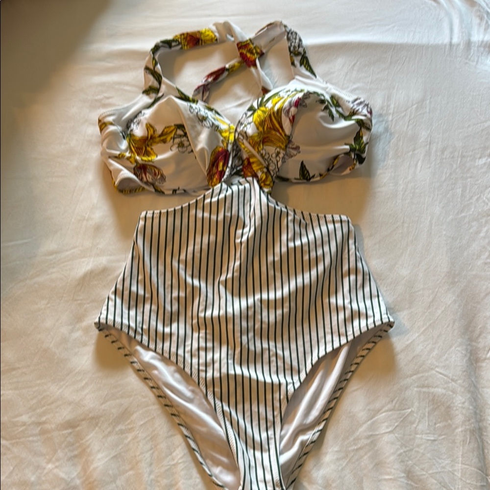 Floral and Striped Cupshe One Piece Swimsuit